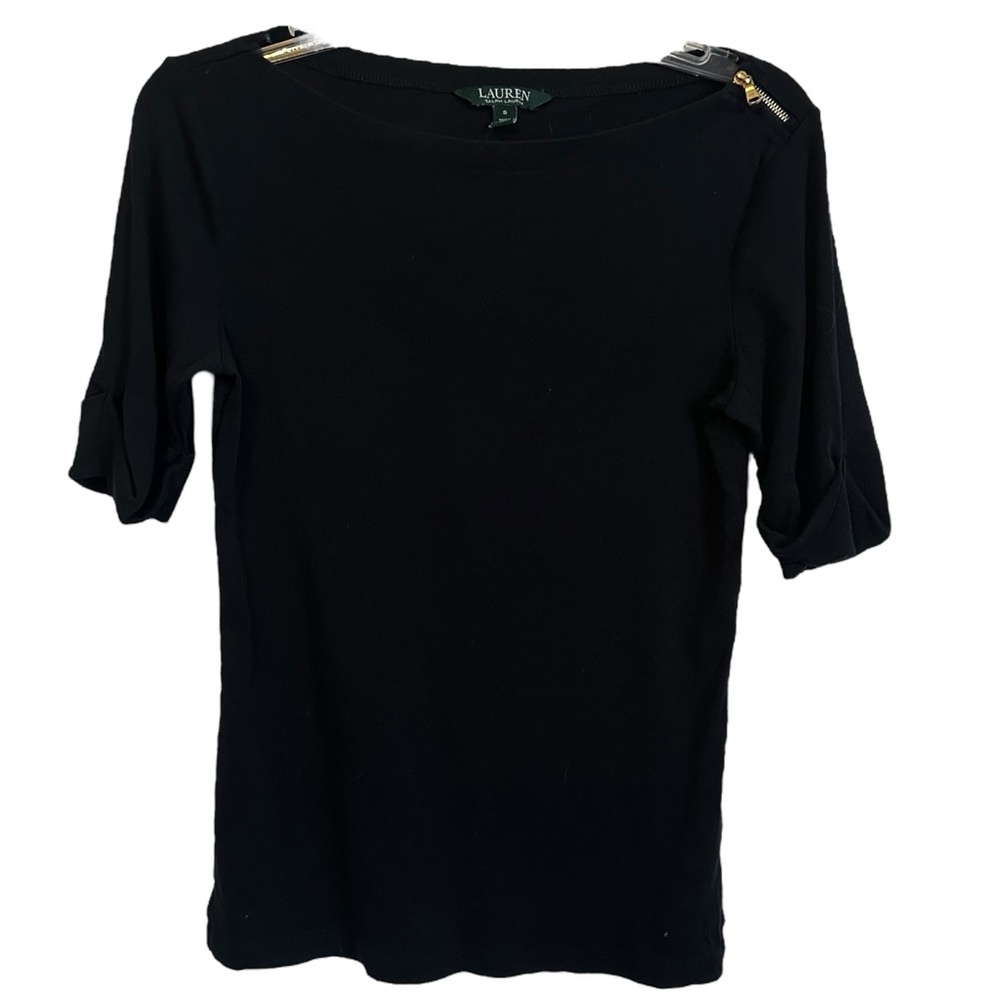 Lauren Ralph Lauren Black Zipper Shoulder 3/4 Sleeve Top Blouse Small